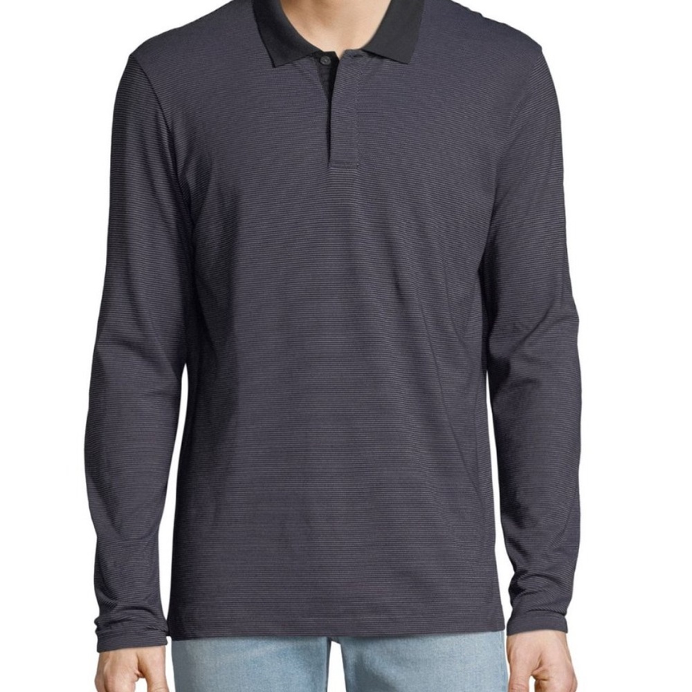 Theory Men’s Gamma Jacquard Polo Shirt Long Sleeved Black Micro Stripe sz L